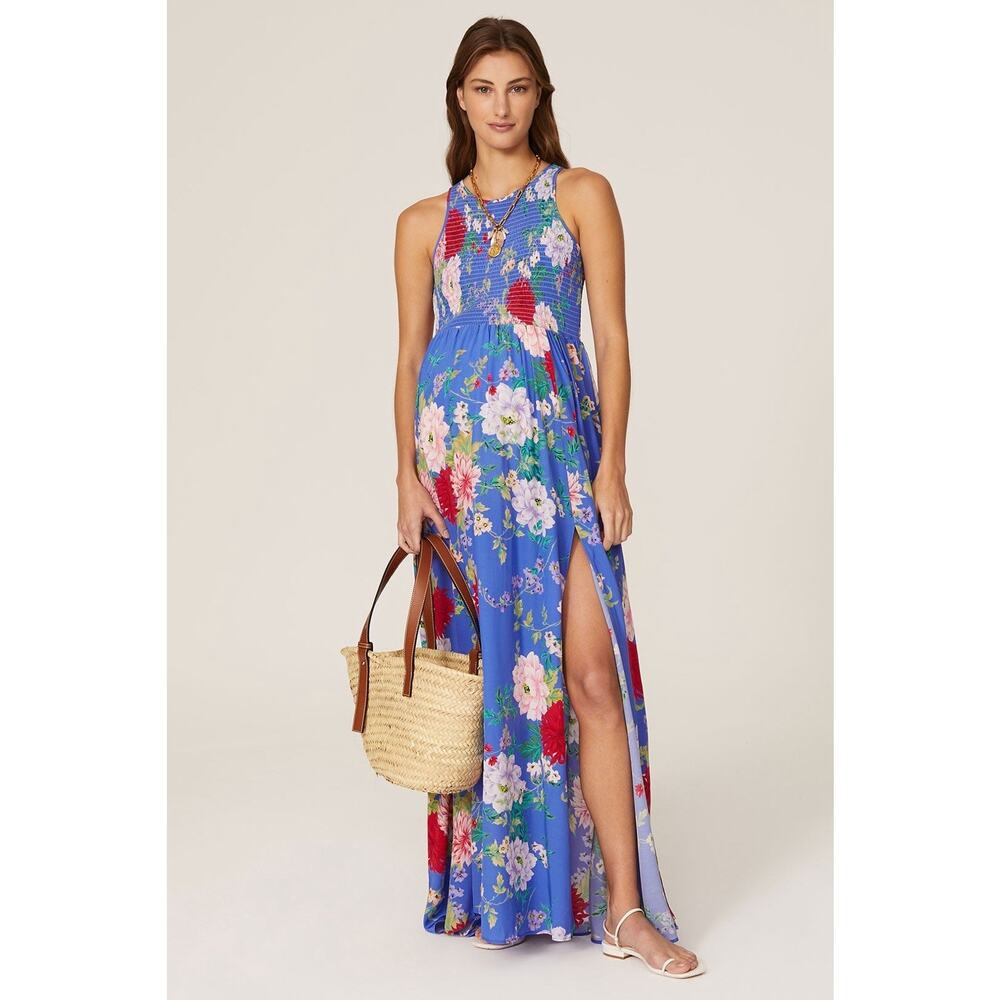 Yumi Kim Blue Floral Smocked Sleeveless Maternity Whitney Maxi Dress S Pre owned